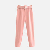 Woloong  Women's Pants High Waist With Belt Classic Pockets Office Lady Ankle Length Trousers Female Spring Fashion Pink Harem Pants