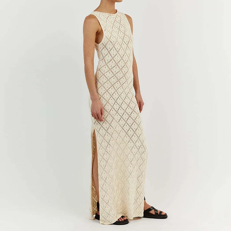 Chic Women Sleeveless Split Side Long Dress Diamond Crochet Hollow Out Midi Dress Elegant Lady Slim Fit Bodycon Holiday Party