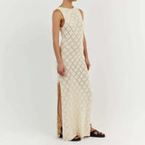 Chic Women Sleeveless Split Side Long Dress Diamond Crochet Hollow Out Midi Dress Elegant Lady Slim Fit Bodycon Holiday Party