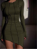 Sexy Solid Patchwork O Neck Mini Dress Women Autumn Bodycon Long Sleeve Slim Fit Elegant Party Club Vestido