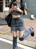 Woloong Women Two-piece Skirt Set High Waist Bandage Denim Skirt with Leg Warmers Cyberpunk Y2k Vintage Music Festival Outfits