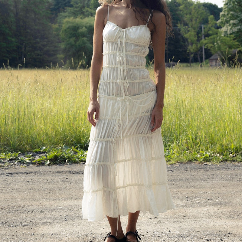 Y2K Vintage Ruffle Tunnel Gown Dress Tie Up Bandage Backless Maxi Long Dresses Women 2000s Retro Fairy Cottage Cocktail Vestidos
