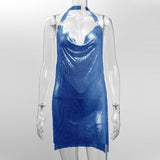 Shiny Luxury Sequined Low Cut Halter Mini Dress Backless Patchwork Split Sleeveless Hollow Out Party Sexy Women Solid Dresses