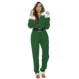 Woloong  Fashion Women Men Unisex Solid Color Winter Pajama Long Sleeve Feathers Zipper Hooded Plush Christmas Romper With Belt