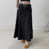 Patchwork Double Belt Skirts For Women Dropped Waist Spliced Pockets Vintage A Line Skirt Female Fashion Clothing