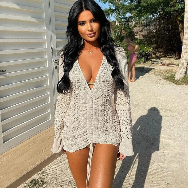 Women Deep V-neck Hollow Out Sexy Knitted Dresses Solid Long Sleeve Drawstring Mini dress Fashion Casual Spring Streetwear