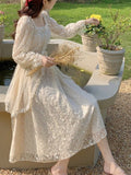 French Vintage Dress Women Summer Long Sleeve Elegant Party Midi Dress Female Casual Retro One Piece Dress Korean Casual