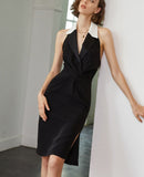 woloong Vintage Vest Dress For Women V Neck Sleeveless Backless Patchwork Colorblock Mini Dresses Female Summer Clothing
