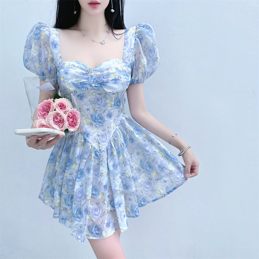 woloong Retro Chic Floral Dress Women's Summer Square Collar Dresses High Waist Short Sleeved A-line Party Slim Mini Dress Vestidos