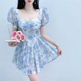 woloong Retro Chic Floral Dress Women's Summer Square Collar Dresses High Waist Short Sleeved A-line Party Slim Mini Dress Vestidos