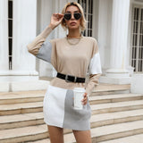 Women Patch work Tunic Sweater, Female Autumn Winter Knitted Pullover Mini Dress.
