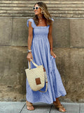 Ruffles Gingham Printed Women Casual Maxi Tank Sundress Smocked Khaki Plaid Fashion A-line Long Summer Dress Blue