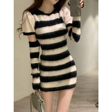 Elegant Striped Knitted Dress Women Design Long Sleeve Y2k Mini Sweater Dress Party One Piece Dress Korean Fashion Autumn