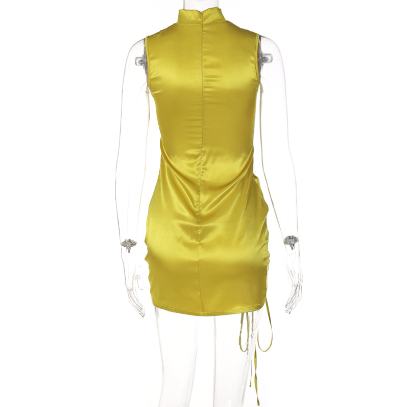 woloong Lace Up Drawstring Ruched Sleeveless Satin Mini Dress Summer Solid Bodycon Sexy Streetwear Party Club Elegant