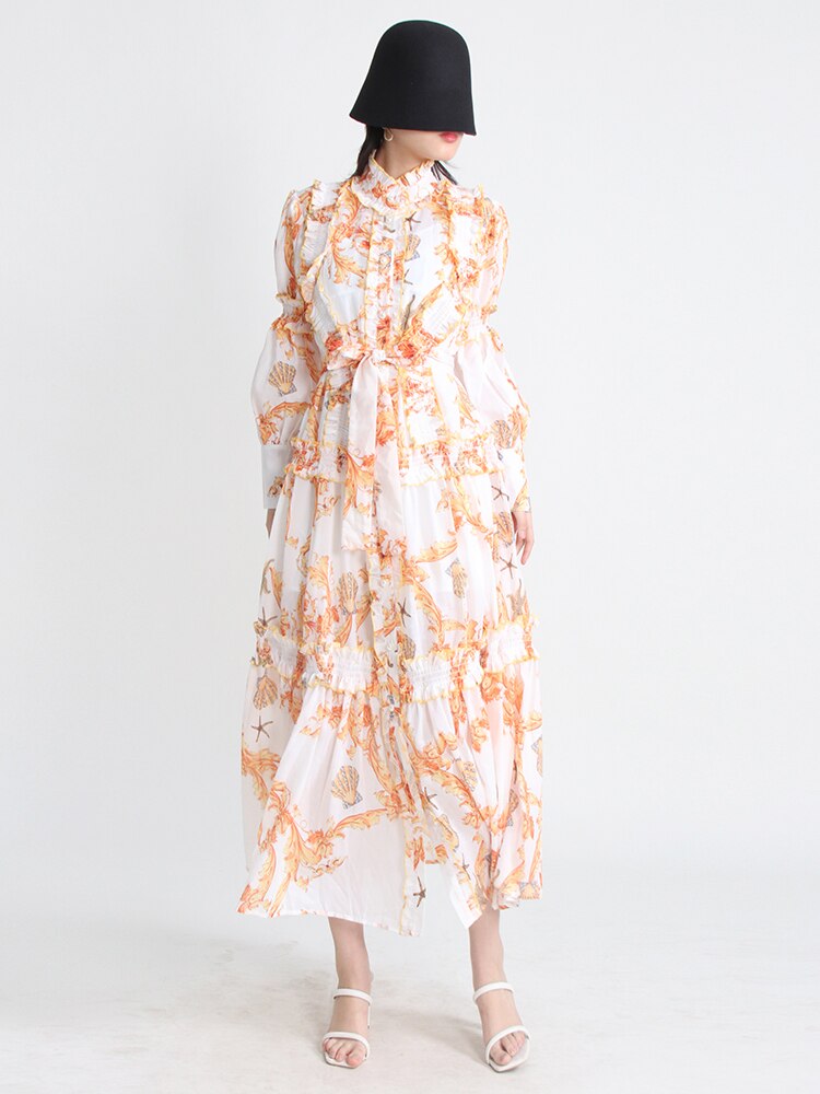 Hit Color Print Folds Dresses For Women Stand Collar Lantern Sleeve High Waist Elegant Dress Female Fashion Clothes