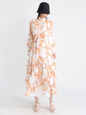 Hit Color Print Folds Dresses For Women Stand Collar Lantern Sleeve High Waist Elegant Dress Female Fashion Clothes