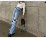 Woloong Ripped Jeans For Women  Streetwear Straight Denim Pants High Waist Long Denim Trousers Women Hollow Out Jeans