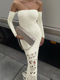 Knit Tassel Strapless Long Famale Dress Elegant White Hollow Out Club Party Dresses Women Fashion Bodycon Backless Lady Clothes