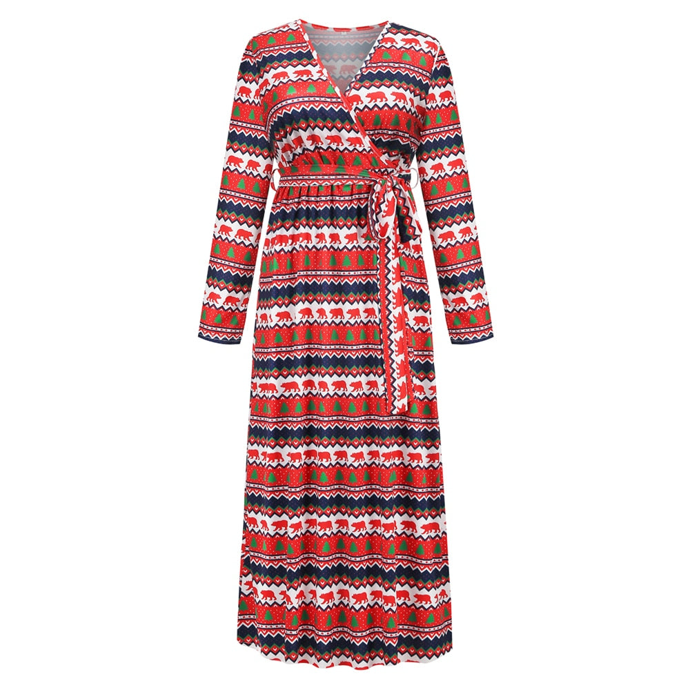Christmas Print Long Dress for Women Autumn V-neck Knitting  A-LINE Belt Slim Ankle-Length