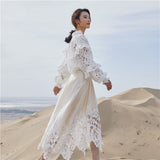 Autumn Elegant Lace Women's Two Piece Sets Embroidery Hollow Out Petal Sleeve Loose Blouse + Asymmetric Skirt Outfits