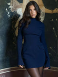 Women Elegant Dark Blue Commuting Mini Dress  Autumn Sexy Pocket Long Sleeve Bodycon Dresses Lady Chic Party Club Robe