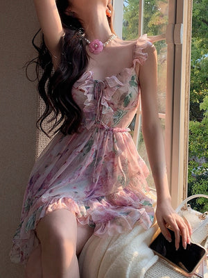 Chiffon Print France Vintage Dress Women Bandage Elegant Sweet Party Mini Dress Female Floral Korean Fashion Strap Dress Summer