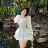 Korean Style Sweet Party Mini Dress Women Green Chiffon France Elegant Dress Female Bubble Sleeve White Casual Fairy Dress