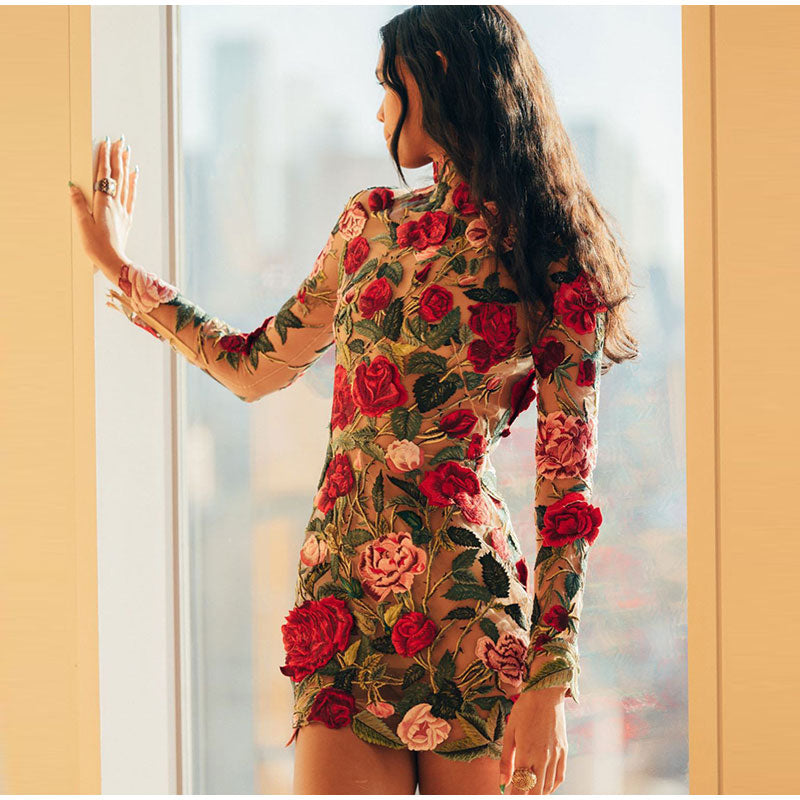 Flower Embroidery Women's Dress Sexy Hip Package Long Sleeve Bodycon Female Dresses  Spring Summer Elegant Mini Vestidos