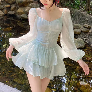 Korean Style Sweet Party Mini Dress Women Green Chiffon France Elegant Dress Female Bubble Sleeve White Casual Fairy Dress