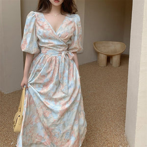 woloong Fairy Dress Floral Puff Sleeve Dress Female Summer Ladies Lace Wrap Dress V-neck One Piece Korean Style Tie Midi Dress Women Clothing