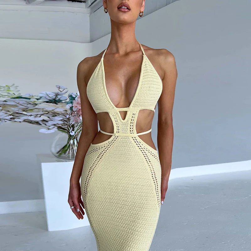 Crochet Halter Sleeveless Backless Solid Hollow Out Bandage Sexy Slim Maxi Prom Dress Winter Festival Party Outfit