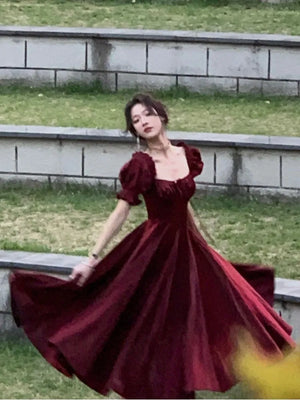 French Vintage Burgundy Evening Party Dress Women  Summer Elegant Romantic Prom Vestidos Korean A-line Graduation Dresses