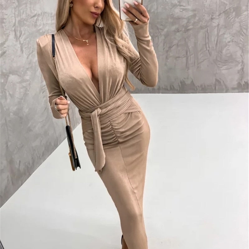 Sexy Deep V Strap Bandage Slim Long Dress Autumn Elegant Temperament Evening Party Dresses Velvet Drape Solid Sheath Women Dress