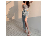 woloong  Maxi Jeans Skirt Women Denim Long Skirts Summer  Vintage Maxi Skirt Side Split Denim Skirt Women Long Korean