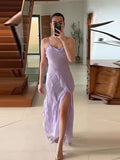 Backless Sleeveless Ruffles Tassels Sling Dress Purple A-line Side Split Irregular Long Dresses Summer Casual Beach