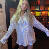 Aieru Sequins Blouse Shirts Long Sleeve Top Button Up Shirt Y2K Vintage Women Clothing Club Party Glitter Top Female Collared Shirt