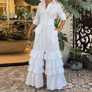 Chic Women Waist Split Shirt Dress Autumn Solid Lapel Long Sleeve Dress Fashion Single-breasted Cake Layered Long Dress Cover Up
