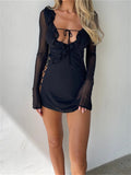 Black Bodycon Dress Spring Summer Sexy Mesh Long Sleeves Ruffles Deep V Tie-Up Short Dress Women Party Streetwear