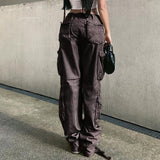 Woloong Loose low waist retro multi pocket denim pants street cargo pants  denim joggers  Casual  Wild style