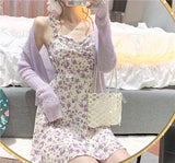 Woloong Floral Slip Dress Fairy Dress Ladies Mini A-line Strap Dress  High Waist Ruched Purple Sundress For Women Spring  Clothing Robe Femme