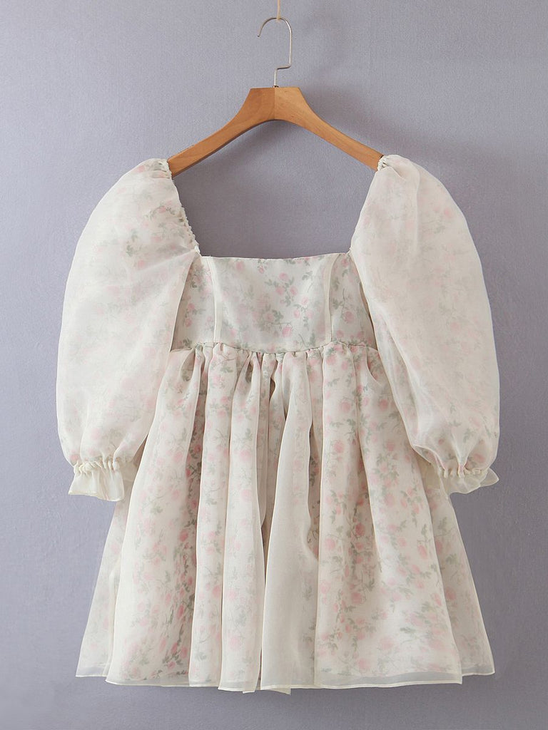 2 ways Wear Chiffon Floral Print Spliced Organza Ball Gown Dress Puff Sleeve Retro Women Swing Short Dresses Fairy