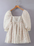 2 ways Wear Chiffon Floral Print Spliced Organza Ball Gown Dress Puff Sleeve Retro Women Swing Short Dresses Fairy