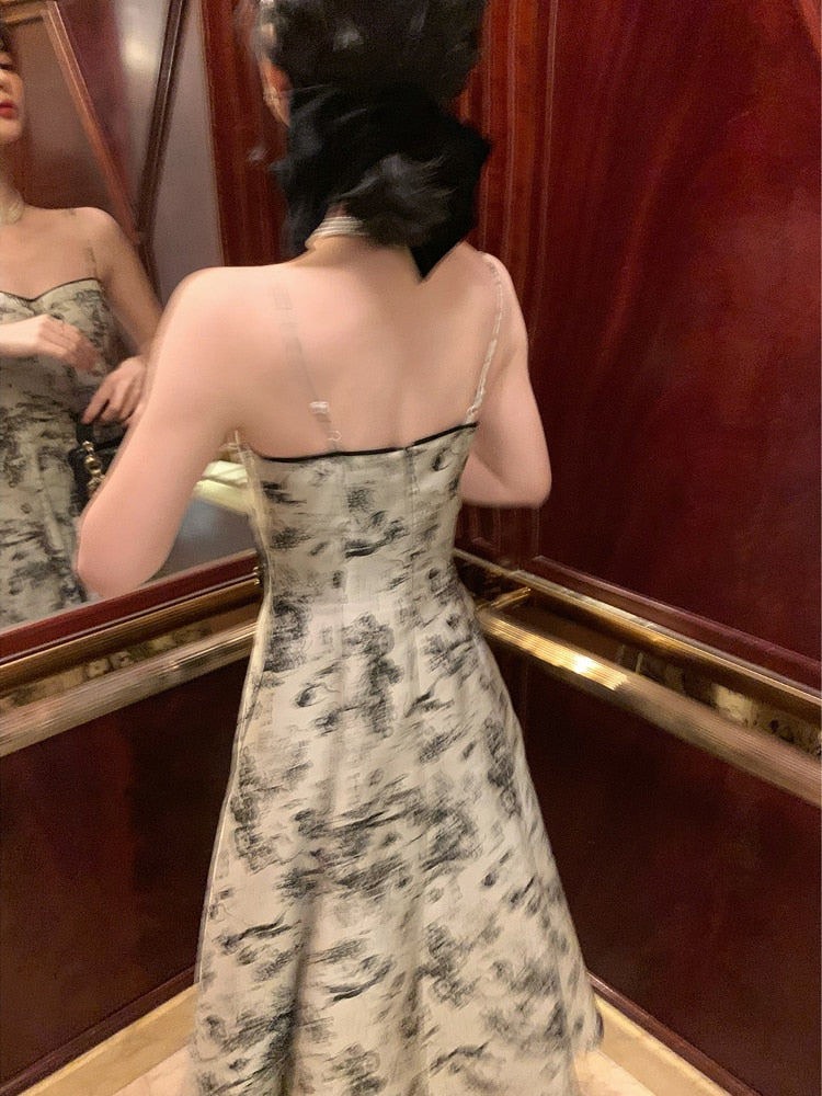French Vintage Midi Dress Women Casual Elegant Floral Strap Dress Party Even Office Lady Slim One Piece Dress Korean Summer