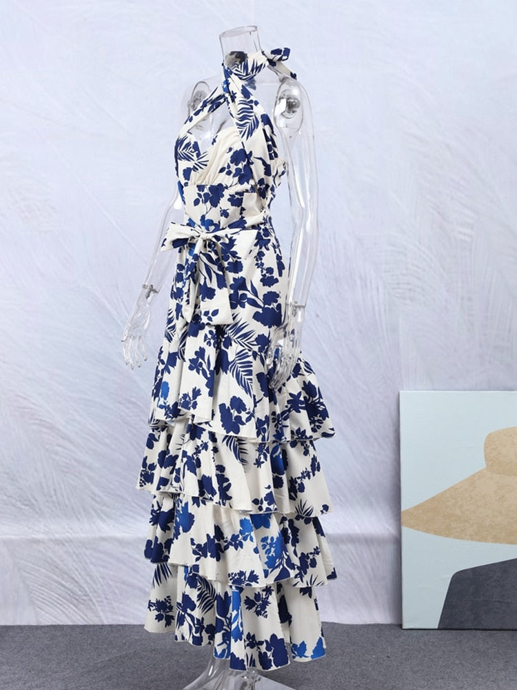 Elegant Women's Printed Vestidos Sleeveless Neck-mounted Female Formal Wear Aesthetic Layered Ruffled Hem Evening Party Dresses