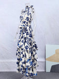 Elegant Women's Printed Vestidos Sleeveless Neck-mounted Female Formal Wear Aesthetic Layered Ruffled Hem Evening Party Dresses