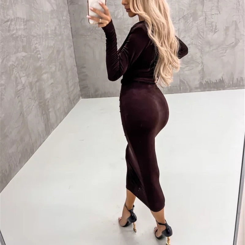 Sexy Deep V Strap Bandage Slim Long Dress Autumn Elegant Temperament Evening Party Dresses Velvet Drape Solid Sheath Women Dress