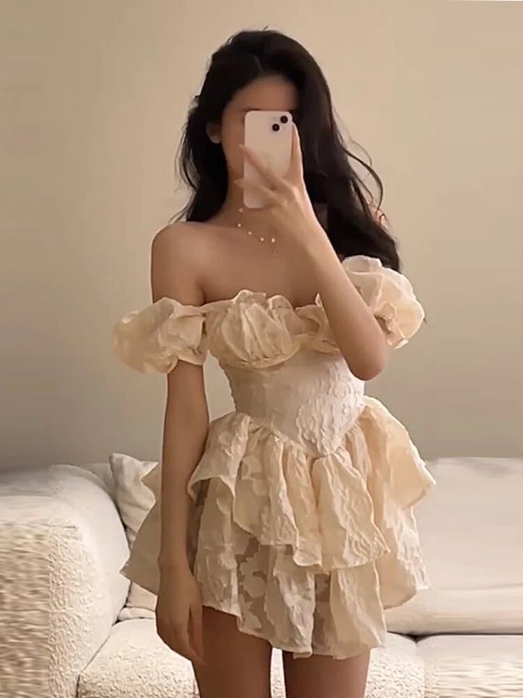 Women's Hollow Sexy Dress Women Spaghetti Straps Sleeveless Off Shoulder High Waist Mini Dress Lace Palace Retro Party Dresses