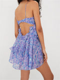Floral Print Spaghetti Strap Fairy Y2K Mini Dresses for Women Club Sexy 3D Flower Ruffles V-neck Short Dress