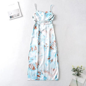 Waist Cut Out Criss Cross Sexy Summer Tie-dyed Midi Dress Ladies Elegant Beach Boho Slip Long Dress Sleeveless Sundress