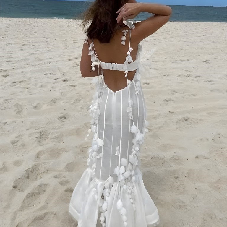 Woloong Party Dresses White Pretty Elegant Mermaid Prom Spaghetti Strap Sleeveless 3D Appliques Women Cocktail Night Gowns Custom Made